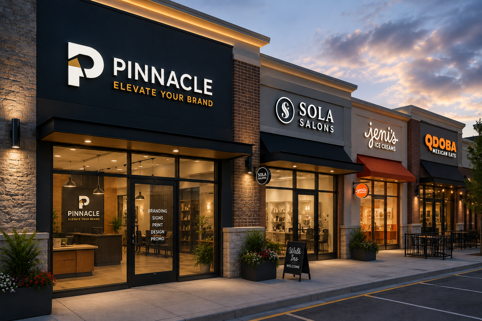 Modern plaza with vibrant signage