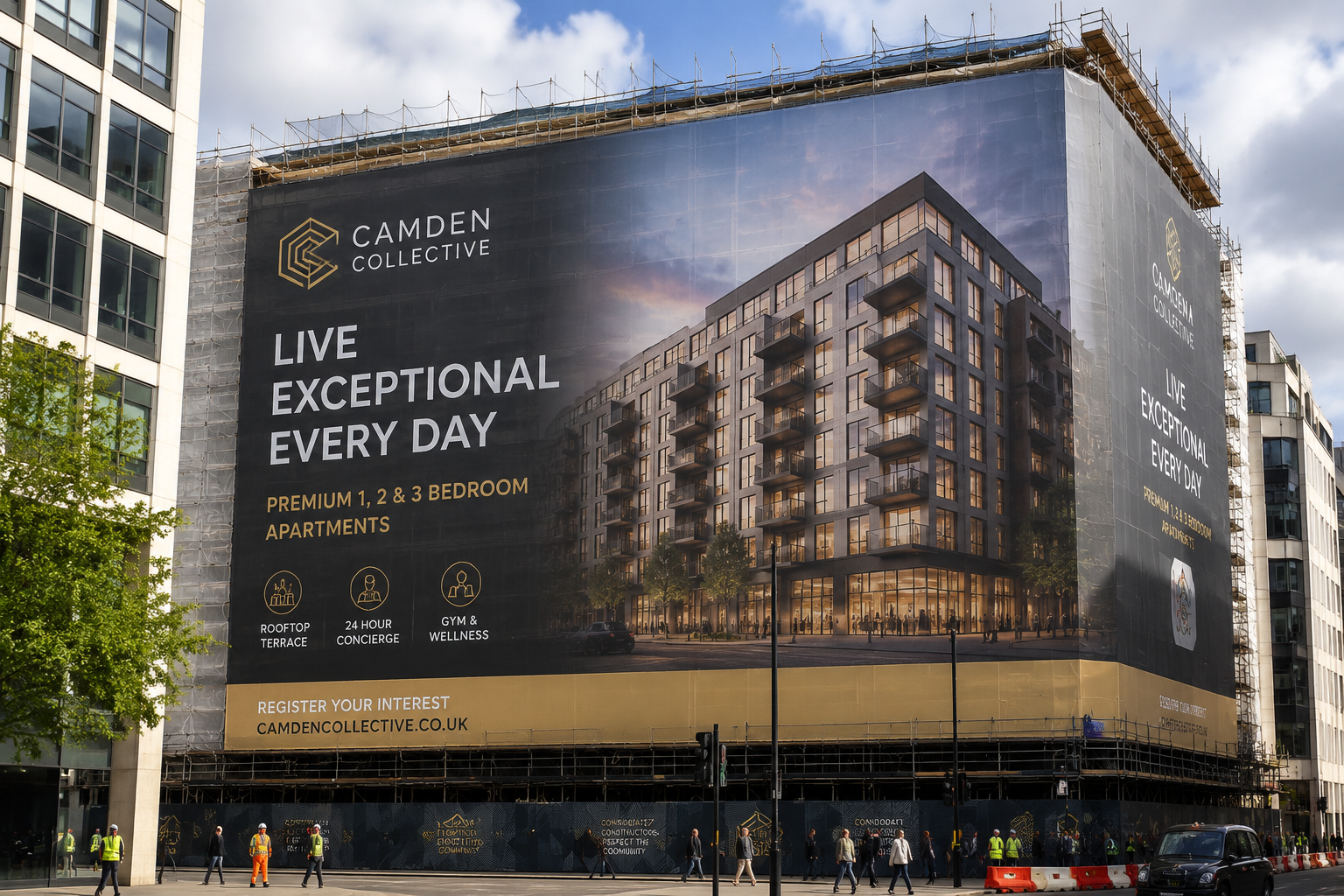 Urban construction with luxury apartments wrap signage