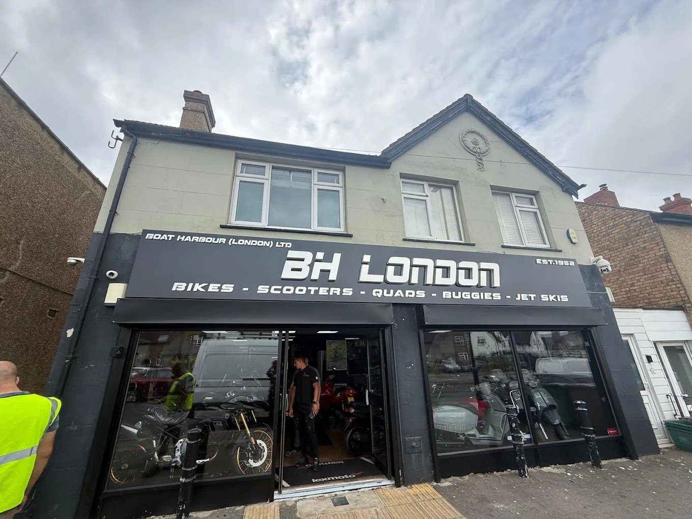 BH London motorcycle shop front signage