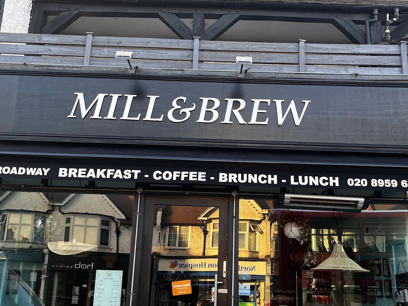 Mill and Brew cafe shop front signage