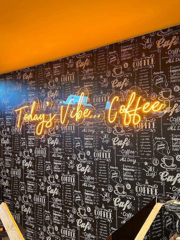 Today Coffee neon sign cafe interior