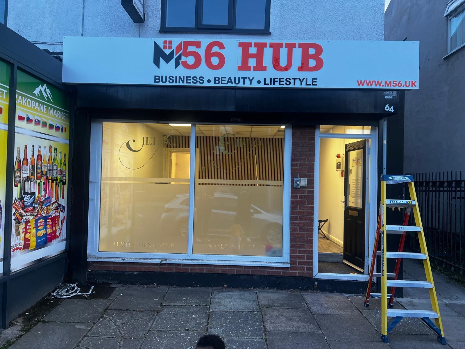 M56 Hub business beauty lifestyle shopfront signage